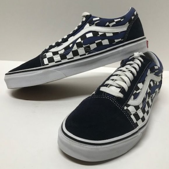 Vans Old Skool Checker Flame in Navy Blue Checker/True White Canvas Skate Shoes - Picture 1 of 16